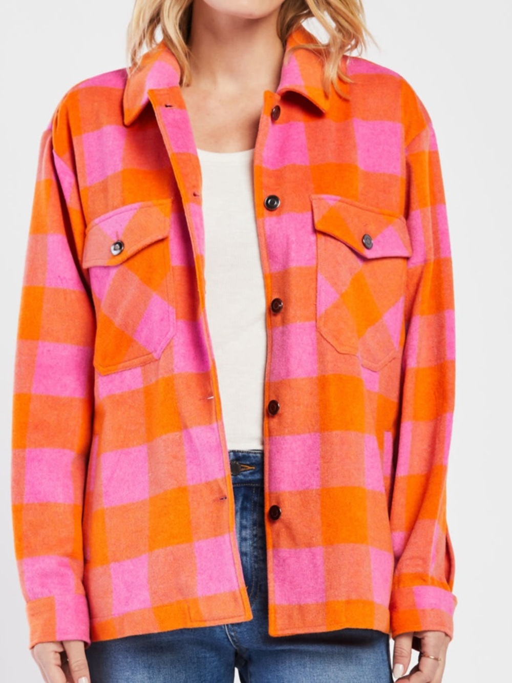 Women's velvet heart Pink & Orange Plaid Shacket Jacket! M